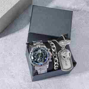 Montre-bracelet à quartz décontractée pour homme FX, grand cadran, trois aiguilles, bracelet en acier, collier, bracelet, bague, cadeau de festival - Product Image 1