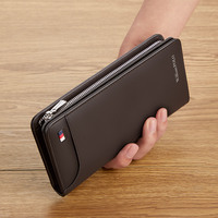 Dompet Pria Panjang RFID Asli Kulit Asli Modis dengan Ritsleting Hitam