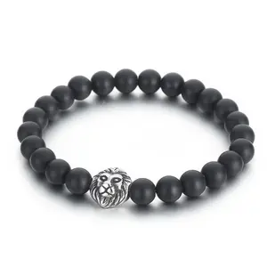 2024 new style fashion jewelry rosary bracelets stainless steel Vintage black Lion Head agate beaded bracelets for men