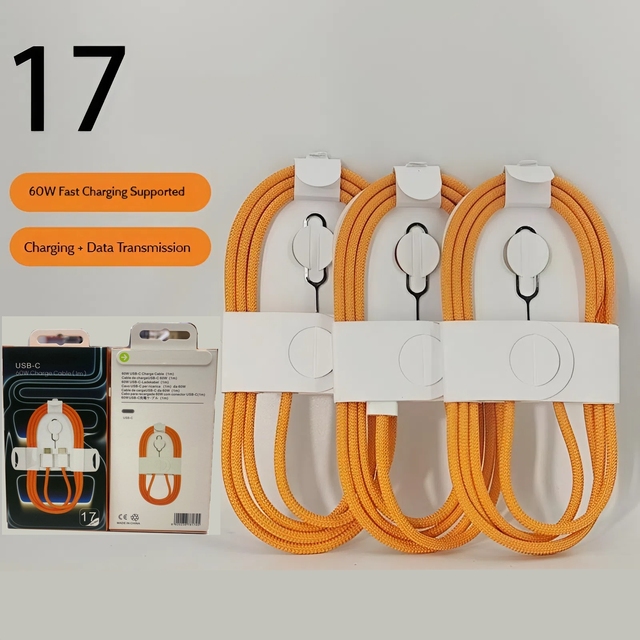 Universal New Orange Nylon Braided 60W PD Type C to Type C USB Fast Charging Data Cable Type C Cable for Ip 17 Pro
