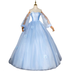 Blue Strapless Ball Gown Tulle Dress With 3D Floral Print Empire Waistline For Wedding Evening Events - Product Image 5