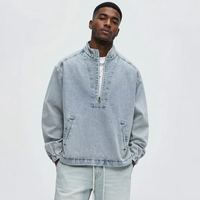 Fournisseur de vêtements personnalisés en Chine 2026 – Blouson en jean à col montant et demi-zip, effet éclaboussures de peinture, délavage clair – Manteau en jean personnalisé