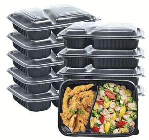 Boîte à bento jetable robuste en plastique sans BPA à deux compartiments, compatible micro-ondes, pour la conservation des aliments frais et la planification des repas au bureau - Product Image 1