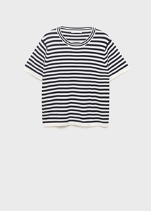 T-shirt classique à rayures bretonnes pour <span class=keywords><strong>femme</strong></span> 2026 – Personnalisé en lin et coton, manches courtes, col rond, tricoté - Product Image 6