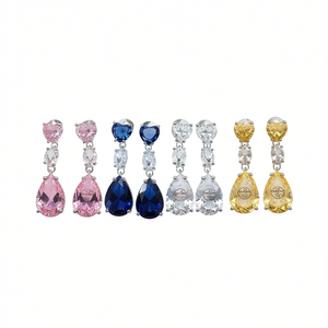 Boucles d'oreilles en cristal pour femmes, boucles d'oreilles pendantes en forme de cœur, saphir bleu, strass, serti à griffes, bijoux classiques pour soirée - Product Image 1