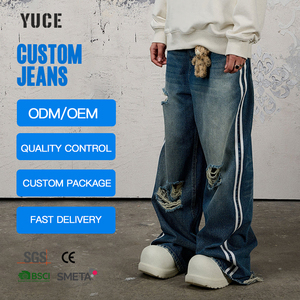 Jeans déchirés à rayures latérales avec logo personnalisé YUCE, jeans larges pour hommes, jeans vintage délavés, pantalon en denim streetwear - Product Image 1