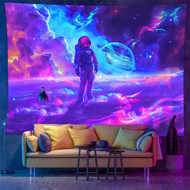 Neon Glowing Wall Tapestries Astronaut Fantasy UV Reactive Tapestry Black Light UV Space Wall Background Decoration