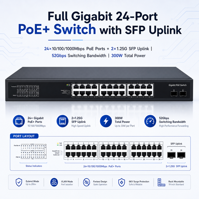 5 Years Warranty 24+2 Port Full Gigabit Watchdog PoE Switch 24 Gigabit PoE Ports 2 Gigabit SFP Optical Ports VLAN Extender