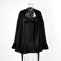 Nueva Moda de Verano, Otoño y Primavera, Pijama de Seda de Hielo para Mujer, Camisola, Camisón con Volantes, Manga Larga, Bata con Lazos, Dos Piezas