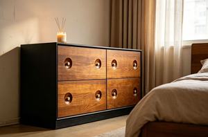 Mid Century Modern Solid Wood Credenza 4-<b>Drawer</b> <b>Storage</b> Cabinet Living Room Furniture Walnut Finish Slab Door Design - Product Image 4