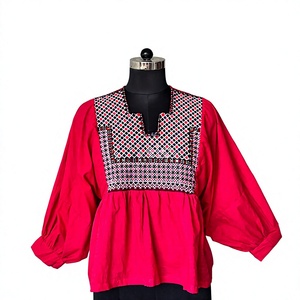 Haut peplum bohème en polyester brodé rouge pour femme, chemisier ethnique à manches ballon, tunique folklorique traditionnelle pour adulte, ODM - Product Image 1