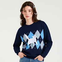 Pull en coton 100% pour femmes, style preppy, à motif argyle, crocheté, manches longues et logo sur le devant
