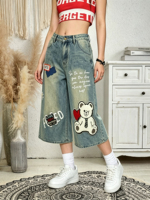 Jean vintage délavé pour femme, coupe large, avec patch ours mignon et imprimé lettres, pantalon capri en denim 7/8