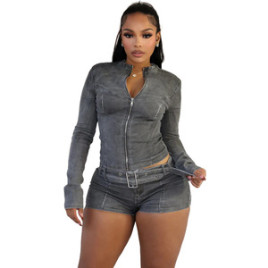 Hippe casual denim 2-delige set dames lange mouwen jas trendy shorts pak streetwear jeans tweedelige set voor dames - Product Image 5