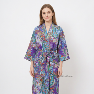Kimono de Algodón Ligero de Inspiración Japonesa, Elegante Estampado Floral, Cintura Alta Elástica, Vestido Casual para el Día a Día, Estilo Veraniego con Abertura Alta - Product Image 1