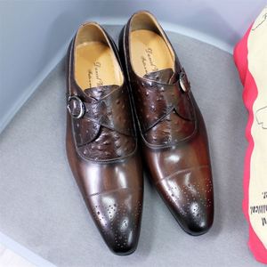 Classic and Luxurious Ostrich-print Brocade Men's Leather <b>Shoes</b> with Adjustable Buckles Pointed Toe for Parties and Weddings - Product Image 4