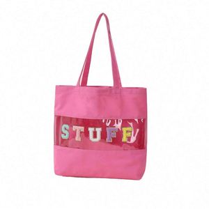 Sac à main en toile de coton personnalisé avec lettres brodées, sac fourre-tout en toile PVC transparente - Product Image 1