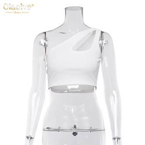 Clacive Streetwear Asymmetrical Neck Knitted Women Tops Blouses And T Shirts Cami Tank Tops Stylish White Women Crop Tops - Product Image 3