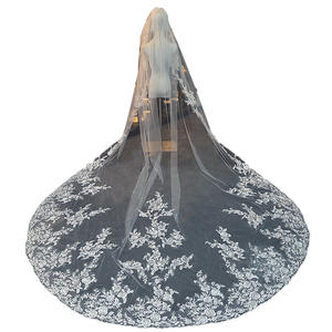 Voile de mariée ROMANTIC à une seule couche, longue et à grande traîne, en dentelle florale, super brillante - Product Image 5