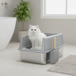 Bac à litière pour chat en acier inoxydable 100L rectangulaire gris anti-fuite avec entrée latérale à pédale - Product Image 2