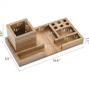 Mygift Wooden Desktop Organizer Solid Acacia Wood Office Storage <b>Box</b> For <b>Pens</b> Pencils And Memo Cards - Product Image 2