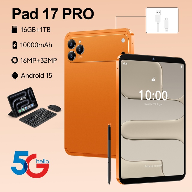 Dual SIM 5G Educational Business Tablet-Pad 17 Pro 10.1" Touch Screen 16GB+1TB 10000mAh Android 15 Front Camera