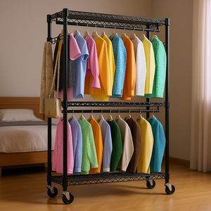 Black 3 Tier Heavy Duty Rolling <b>Garment</b> <b>Rack</b> Wire Clothes <b>Rack</b> Portable Wardrobe Clothing Organizer Industrial Style Standing - Product Image 2