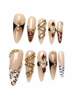 Lot de 10 faux ongles longs en forme de stiletto, faits à la main, motif léopard et zèbre de luxe, en gel, réutilisables, avec fleurs 3D et chaîne