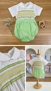 Conjunto de Pelele para Bebé Hecho a Mano con Cuello Peter Pan, Camisa de Algodón Blanca y Pantalón Corto Verde, Atuendo de Boutique para Niños Pequeños - Product Image 2