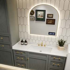 Custom Dark Green Solid <b>Wood</b> <b>Bathroom</b> <b>Vanity</b> | Louvered Door + Gold Hardware | LED-Lit Arched Mirror Cabinet - Product Image 2