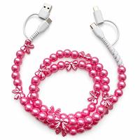 Kabel Charger Ponsel Berhias Mutiara Pink dan Pita 4 in 1 USB Type C Kabel Multi Charging Transfer Data Hadiah Fashion