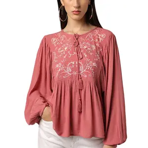 Relax Fit Viscose Crepe Blouse Ladies Floral Embroidered Tops With Tassel Tie
