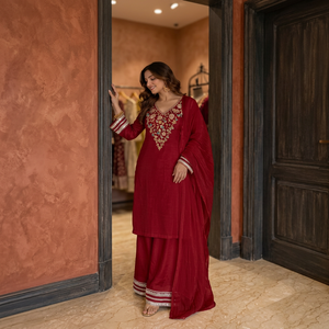 Stitched Chanderi Cotton Blend <b>Kurta</b> Pant Suit with Zari Border Dupatta Elegant Indian Designer Ethnic Wear Wedding Festive - Product Image 3