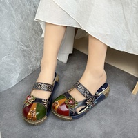 Sandales d'été en cuir de vachette de haute qualité pour femmes, mules à fleurs de style ethnique à semelle épaisse, chaussures décontractées de luxe à enfiler, logo personnalisé