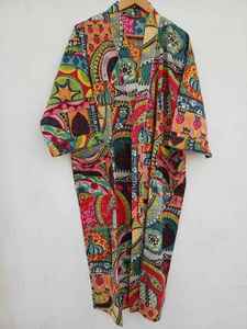 Cotton Kimono Robe Indigo Patchwork Print Soft Bath Robe Lightweight House <b>Coat</b> Boho Loungewear For Women - Product Image 2