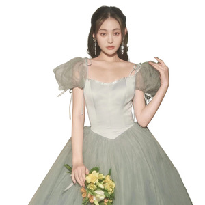 Cocktail Dress Square Neck Tulle Ball Gown Empire Waist Vintage Solid Color Red Bean Paste Green Women's Party Dress - Product Image 5