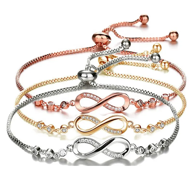 Nueva moda Popular pulsera ajustable Micro-inserción Zircon figura 8 ciclo infinito pulsera de cristal joyería de mano femenina