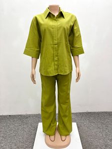 Vêtements pour femmes africaines grandes tailles, chemise boutonnée à col uni, pantalon long décontracté, ensemble deux pièces simple et élégant. - Product Image 4