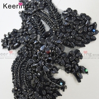 Corpiño de cristal negro azabache Popular de encaje de gama muy alta, apliques de flores 3D de diamante, 50/