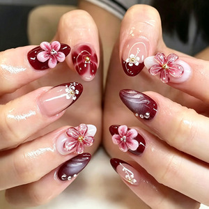 30 Uñas Postizas Cortas en Forma de Almendra, Otoño Invierno, Elegantes, Francesas, Dulces, con Flores 3D y Pedrería, Puntas de Uñas Postizas - Product Image 1