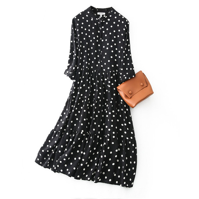 High Quality Women's Dot Printed Knee Length Black Silk Dress Long Sleeve Ladies Mulberry Silk Corset Dress