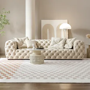 Modern flannelette button sofa Baseball leather Luxury living room Straight row three person sofa