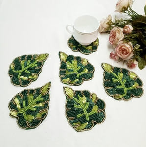 Handmade <b>Beaded</b> <b>Placemats</b> Home Decor Luxury Hand Embroidery Green Leaf Mug Rug Coasters for Home Decoration Wholesale - Product Image 2