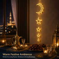 Ramadan-Dekoration Kleine Beleuchtete Goldene Mond- und Sternenlichterkette Wiederverwendbare Eid Mubarak Festliche Heim-Wand-Fenster-Vorhang-Beleuchtung