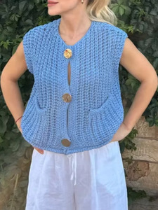 Womens Crochet Chunky Knit <strong>Sweater</strong> <strong>Vest</strong> Casual Sleeveless Button Down <strong>Vest</strong> Tops <strong>Cropped</strong> Cardigan <strong>Sweaters</strong> with Pockets Free Size - Product Image 6