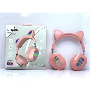 Yüksek kaliteli kulaklık toptan fiyat pembe renk STN06 kedi kulaklık RGB LED ışık kablosuz kulaklık