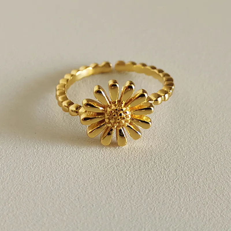 316L Stainless Steel Gold Fancy Ring Adjustable Dainty Elegant Daisy Flower Open Ring for Women