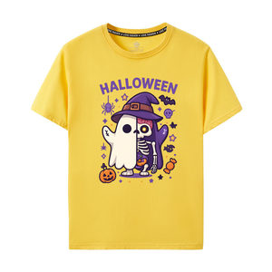 T-shirt tricoté à manches courtes col rond motif dessin animé Halloween (Fantôme, Citrouille) 100% Coton Respirant pour Hommes et Femmes - Product Image 5