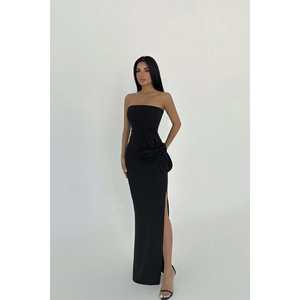 Robe de soirée longue noire à détails roses, bustier, coupe droite, style fourreau, taille empire, en polyester, tailles XS à XL, pour anniversaire, ODM - Product Image 2