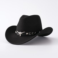 Chapeau de cowboy en feutre noir avec clous Longhorn argentés et bande en cuir, idéal pour les fêtes western et le rodéo, pour adultes